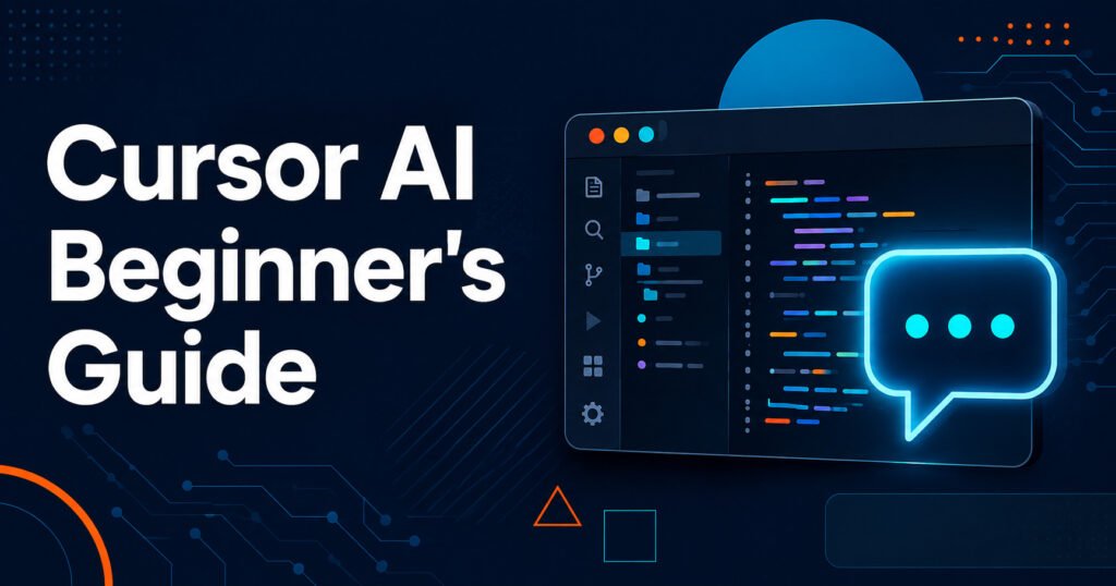 Cursor AI code editor interface illustration with an AI chat bubble, representing a beginner's guide to using Cursor AI without coding experience.